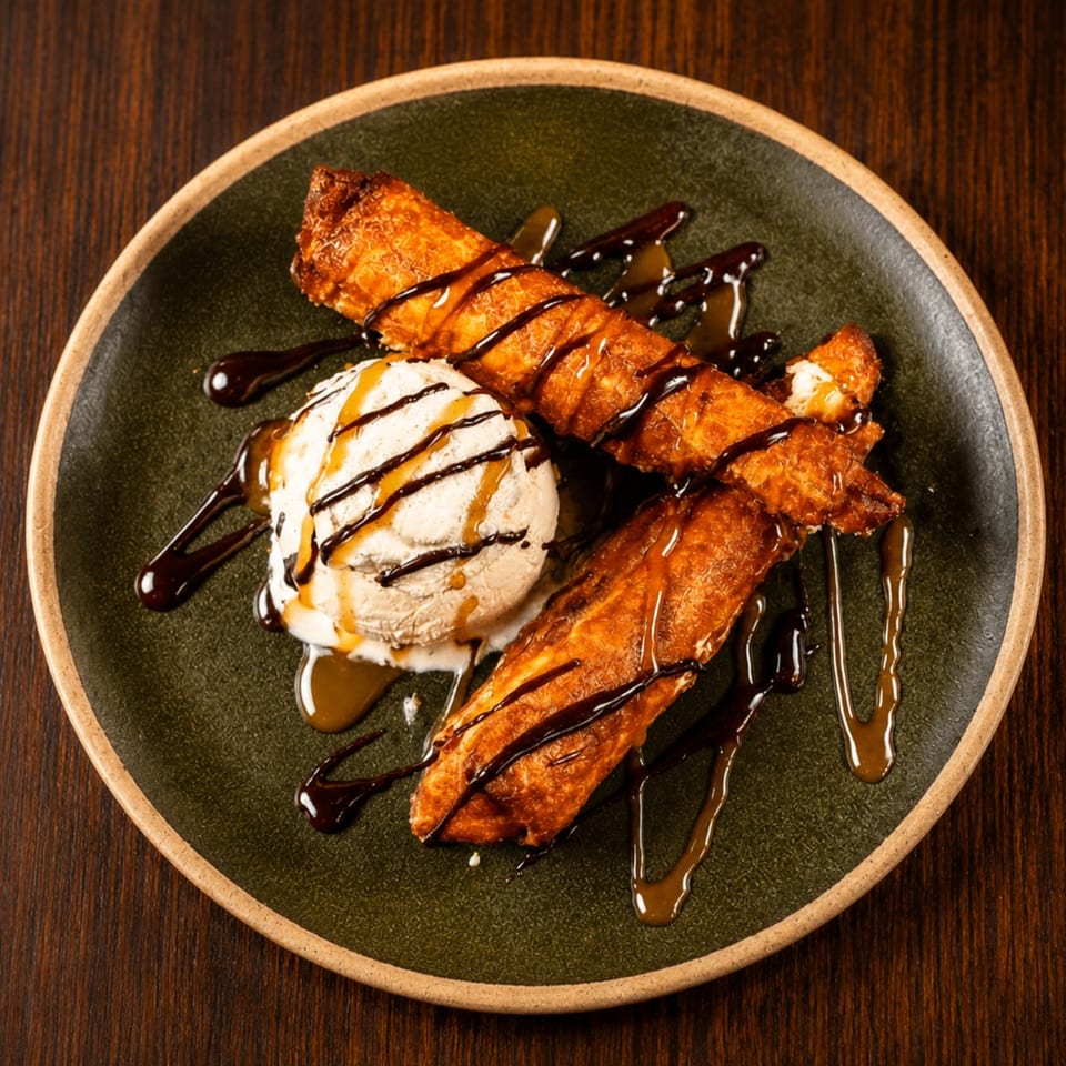 Fried banana spring rolls with vanilla ice cream, drizzled with chocolate and caramel sauce.