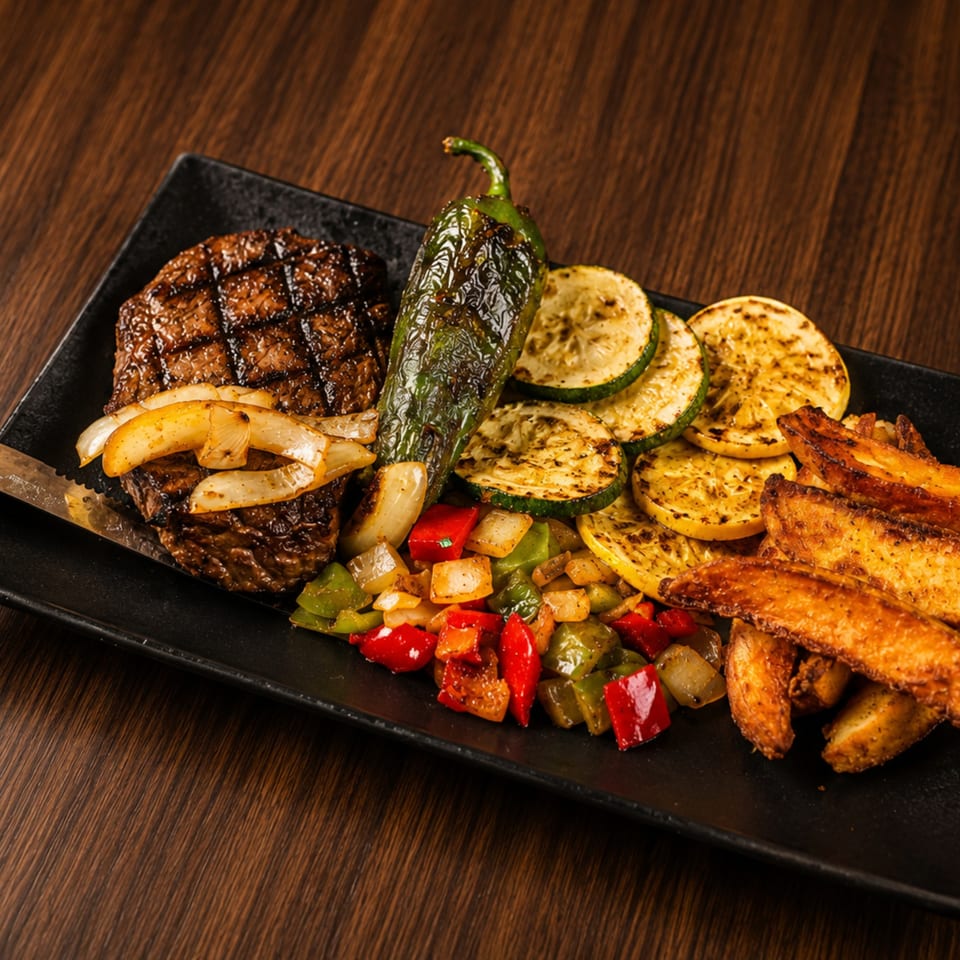 Grilled steak with onions, a charred jalapeño, zucchini, squash, bell peppers, and potato wedges.