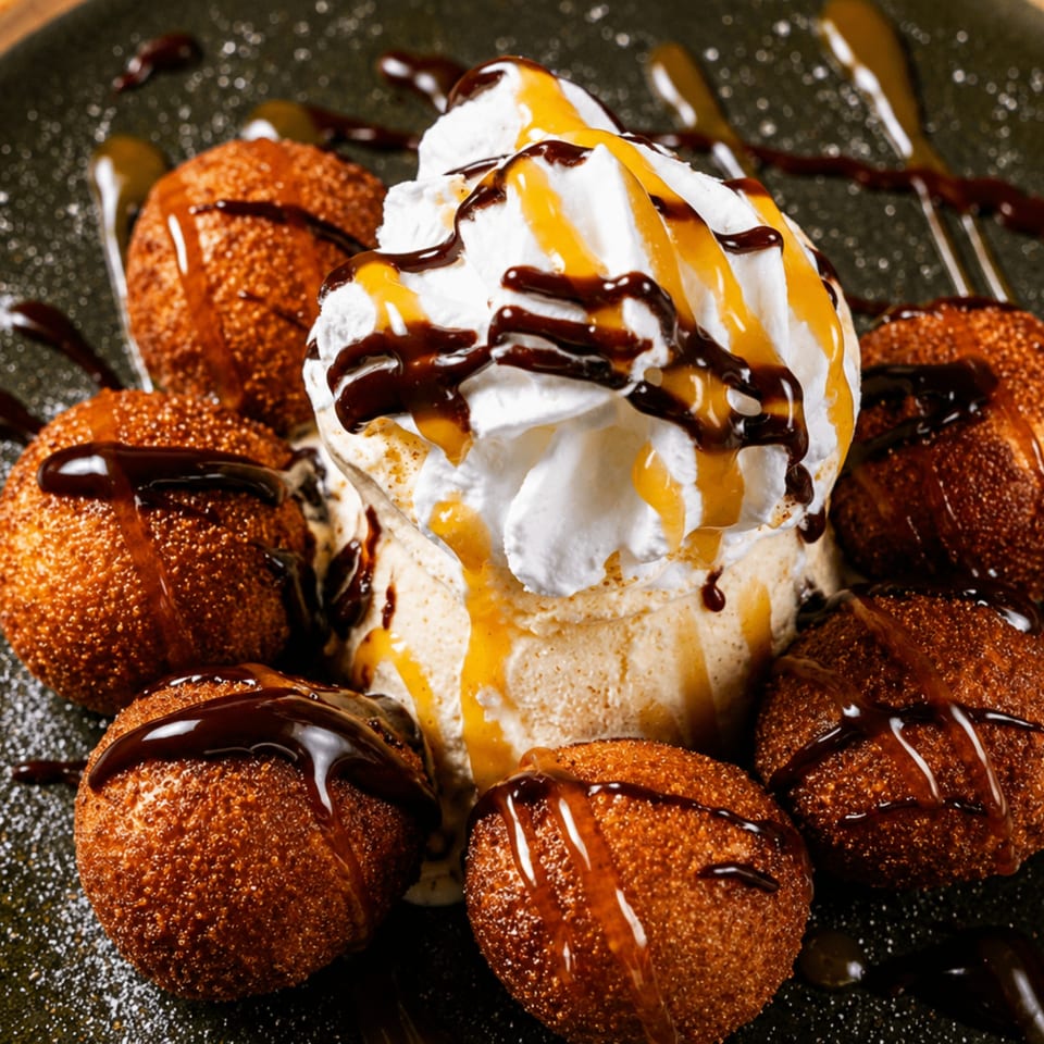 Golden-brown fried ice cream balls with vanilla ice cream, whipped cream, chocolate, and caramel drizzle.