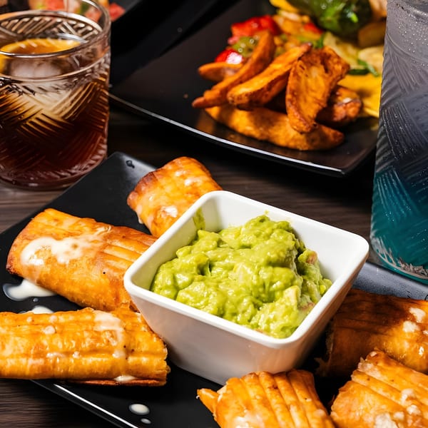 Crispy golden flautas with a side of guacamole, alongside sweet potato fries and drinks.