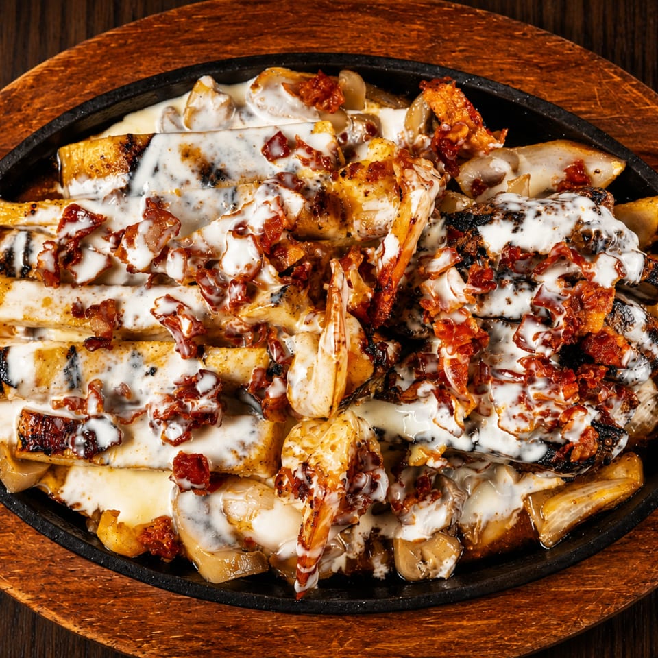 Sizzling skillet of grilled chicken and onions topped with creamy sauce and crispy bacon bits.