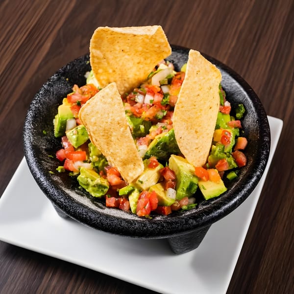 Guacamole with diced avocado, tomatoes, onions, and cilantro, served with tortilla chips in a molcajete.