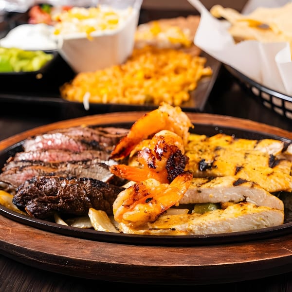 Sizzling fajitas with steak, chicken, and shrimp, served with sides of rice, beans, and chips.