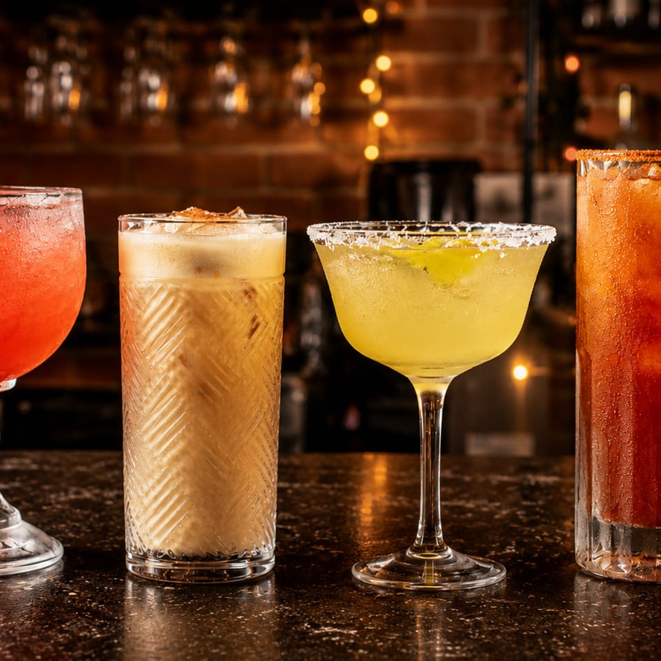 Four vibrant cocktails, including a margarita and a Bloody Mary, on a dark bar counter.