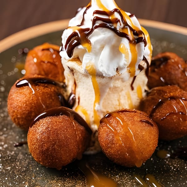 Fried dough balls with ice cream, whipped cream, chocolate, and caramel drizzle on a dark plate.